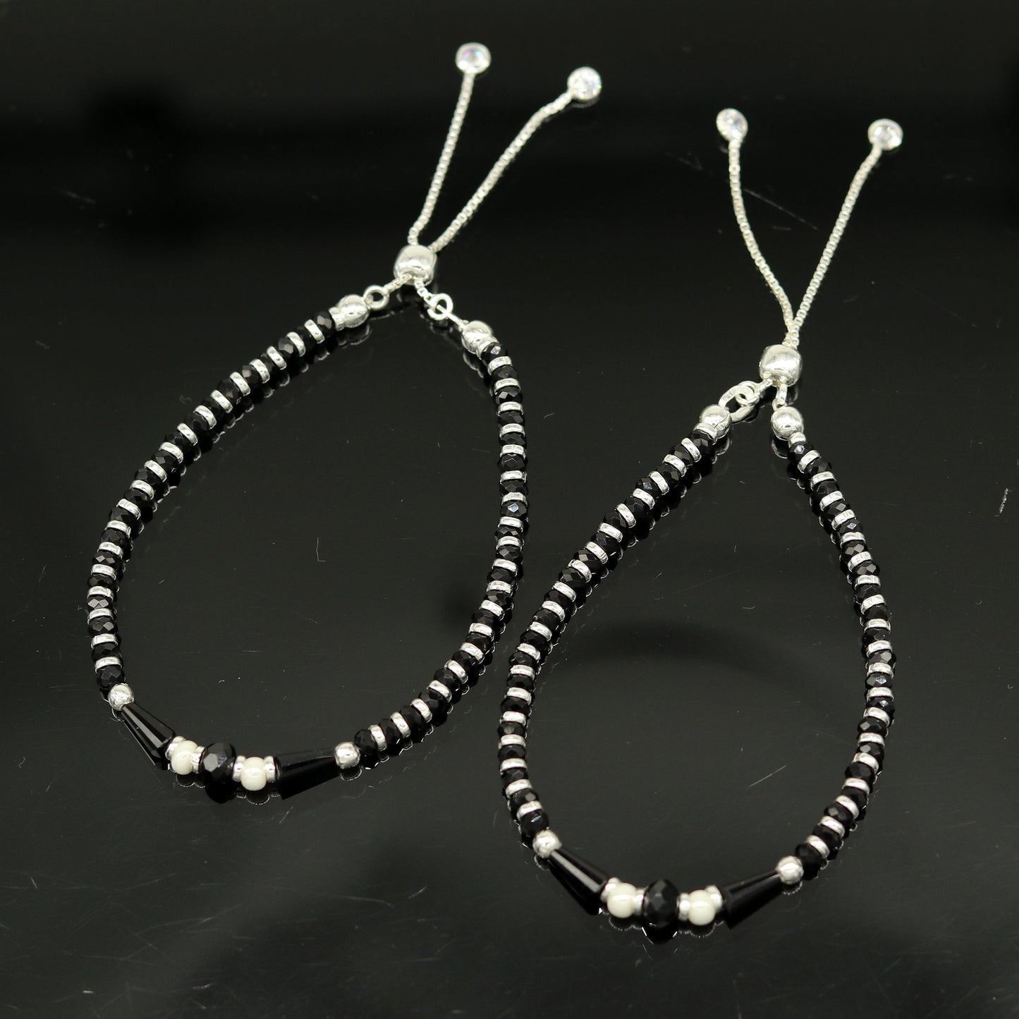 925 sterling silver beaded with black onyx stone handmade charm adjustable bracelet 'Nazariya' excellent charm jewelry for girls sbr178 - TRIBAL ORNAMENTS