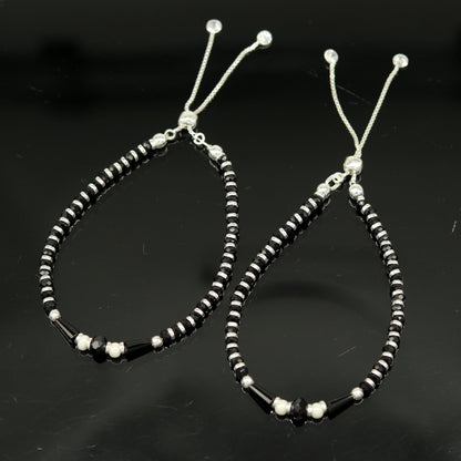 925 sterling silver beaded bracelet with black onyx stone and Nazariya charm, adjustable jewelry for girls by TRIBAL ORNAMENTS