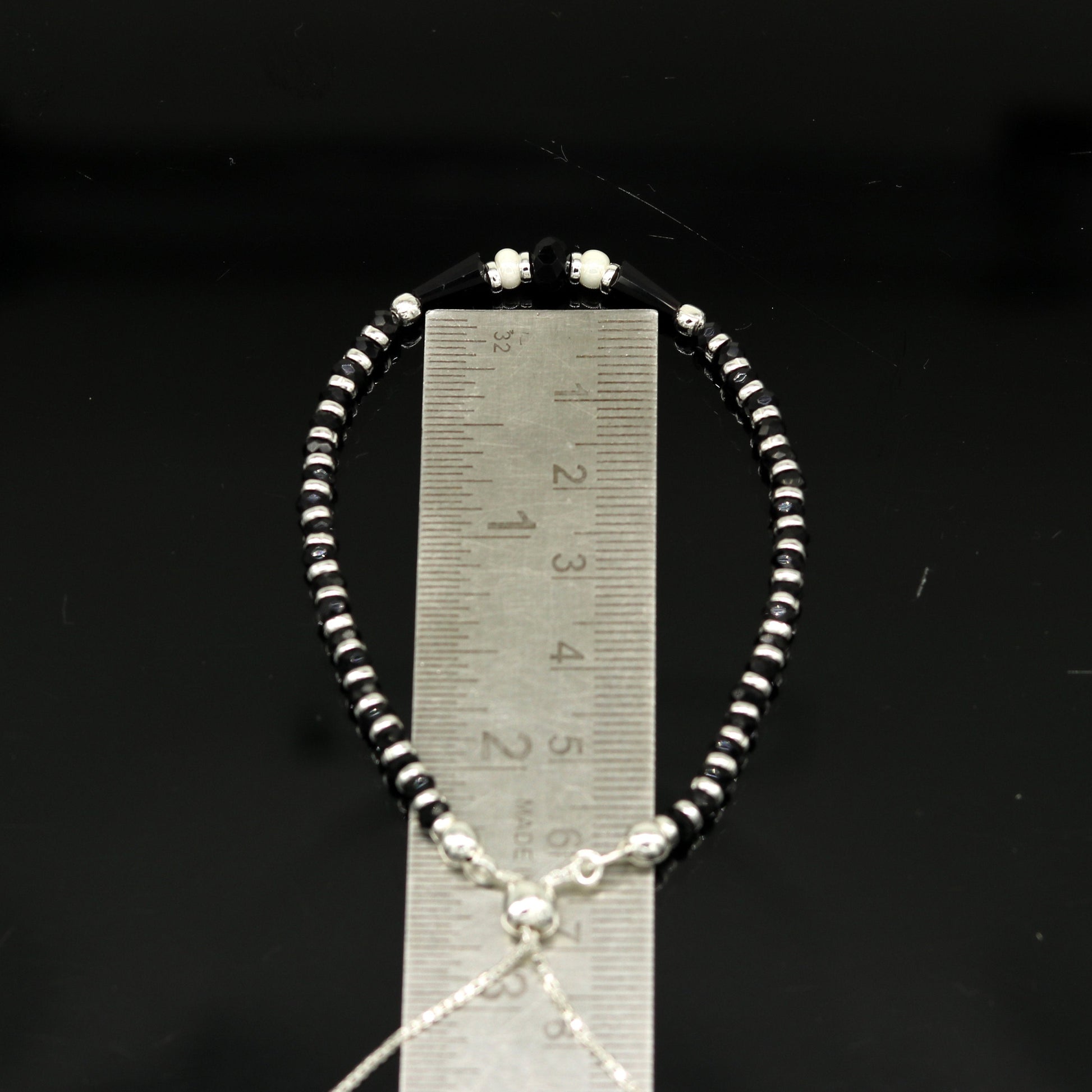 925 sterling silver beaded with black onyx stone handmade charm adjustable bracelet 'Nazariya' excellent charm jewelry for girls sbr178 - TRIBAL ORNAMENTS