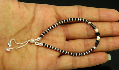 925 sterling silver beaded bracelet with black onyx stone and Nazariya charm, adjustable jewelry for girls by Tribal Ornaments