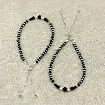 Sterling silver beaded bracelet with black onyx stone and charm, adjustable jewelry for girls by TRIBAL ORNAMENTS.