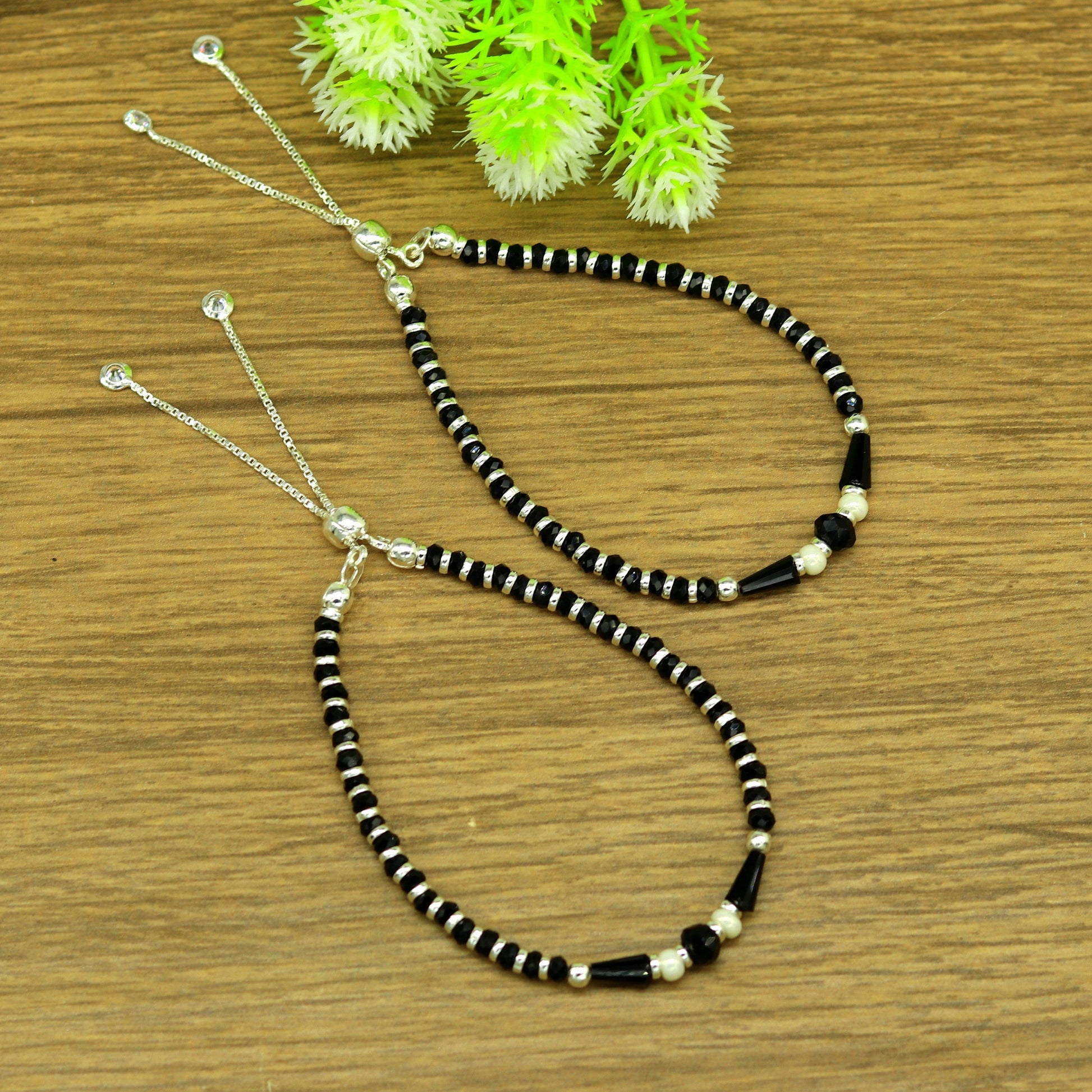 925 sterling silver beaded with black onyx stone handmade charm adjustable bracelet 'Nazariya' excellent charm jewelry for girls sbr178 - TRIBAL ORNAMENTS