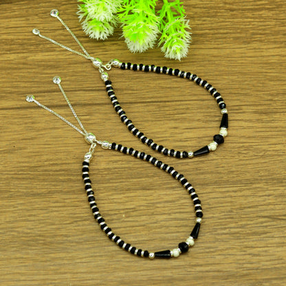 925 sterling silver beaded bracelet with black onyx stone and Nazariya charm, adjustable jewelry for girls by TRIBAL ORNAMENTS