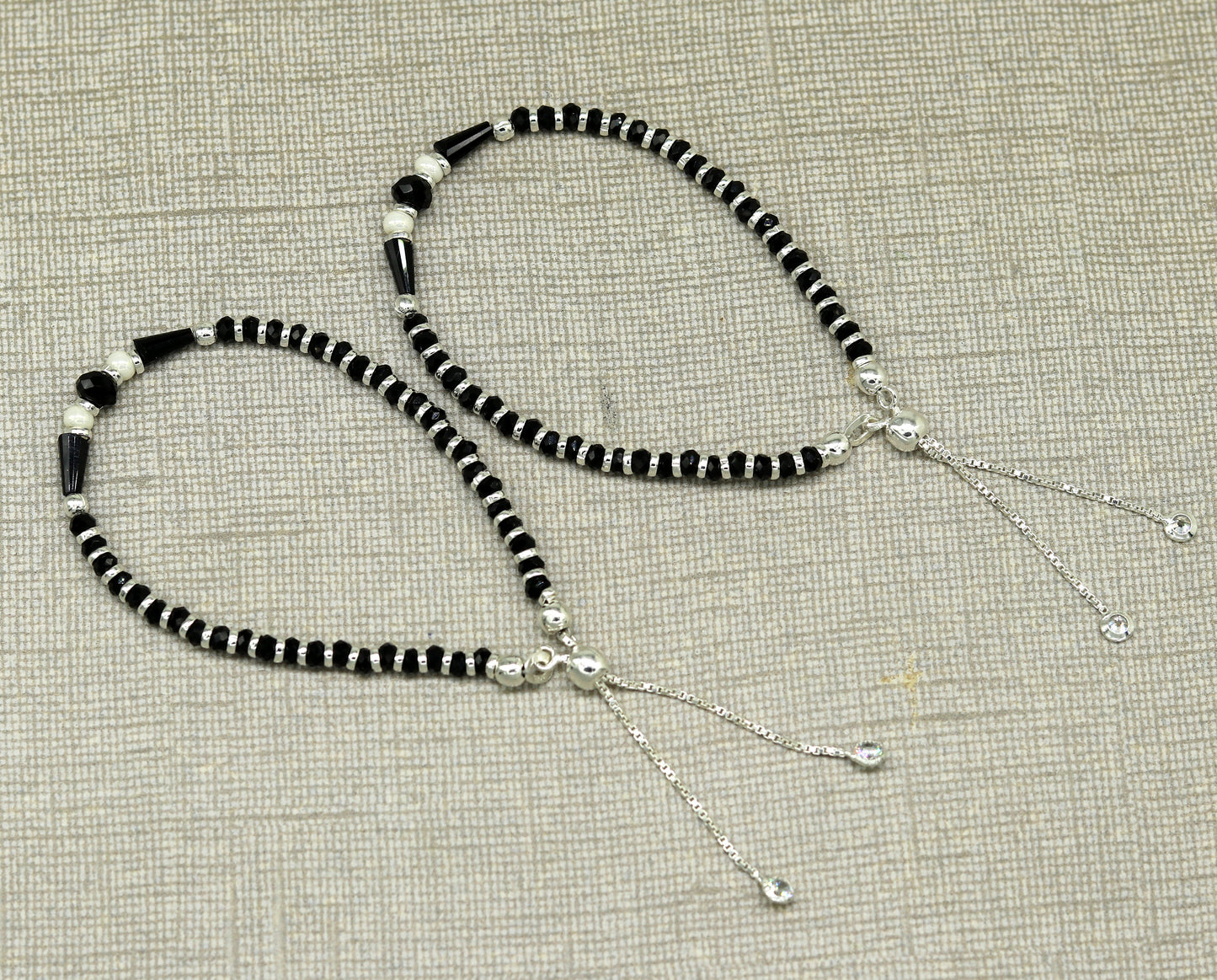 925 sterling silver beaded with black onyx stone handmade charm adjustable bracelet 'Nazariya' excellent charm jewelry for girls sbr178 - TRIBAL ORNAMENTS