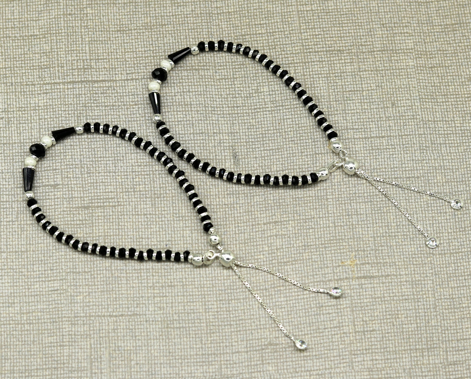 925 sterling silver beaded with black onyx stone handmade charm adjustable bracelet 'Nazariya' excellent charm jewelry for girls sbr178 - TRIBAL ORNAMENTS