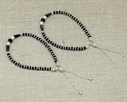 Sterling silver beaded bracelet with black onyx stone and charm, adjustable jewelry for girls by TRIBAL ORNAMENTS.