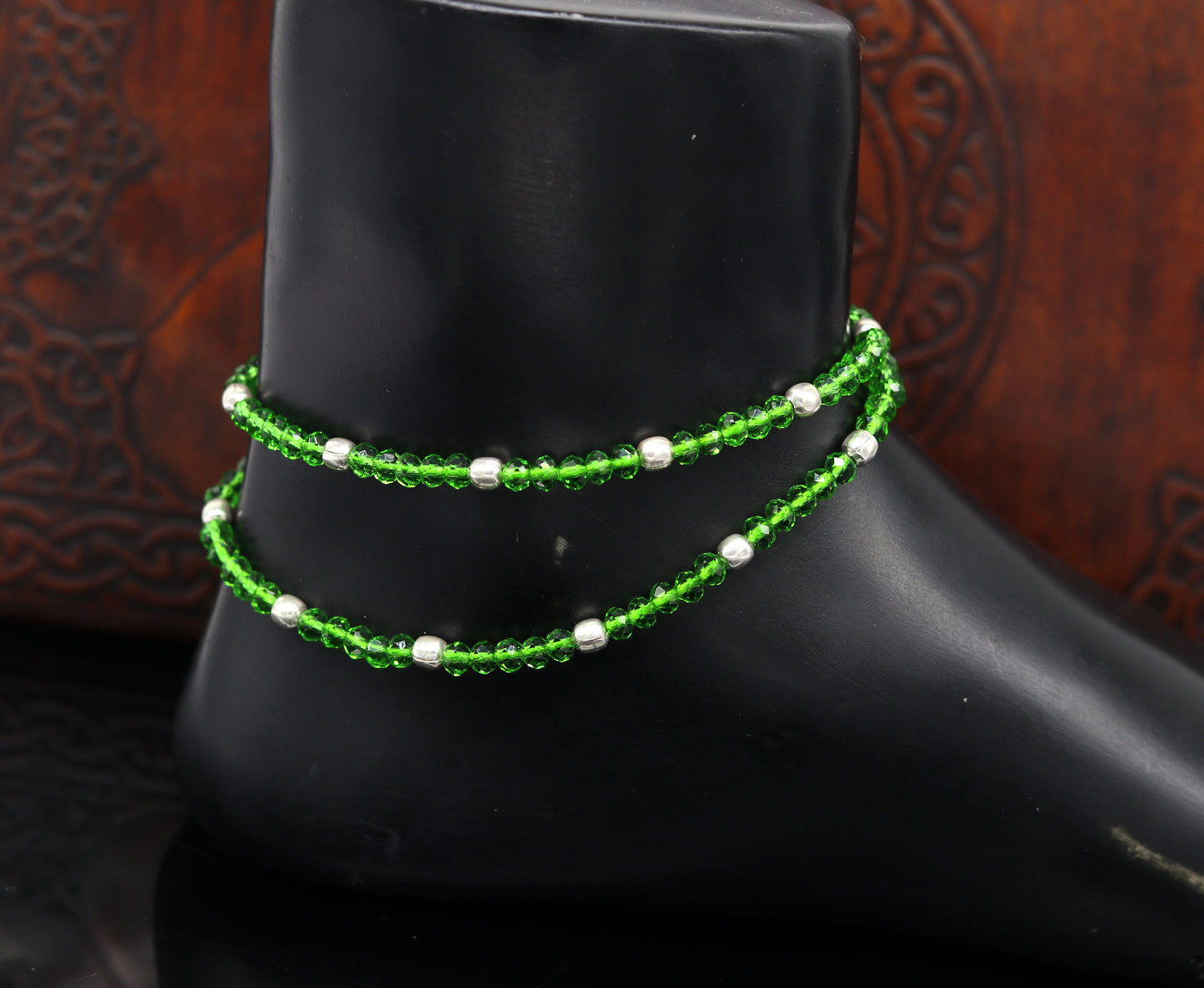 925 sterling silver beads and semi precious green stone thread anklets, custom made ankle bracelet, pretty gift modern beaded jewelry ank248 - TRIBAL ORNAMENTS
