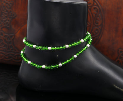 Sterling silver beads and semi-precious green stone thread anklet by TRIBAL ORNAMENTS, modern beaded jewelry ankle bracelet.