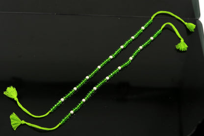 Sterling silver beaded anklet with semi-precious green stones, handmade tribal jewelry, modern beaded ankle bracelet for women.