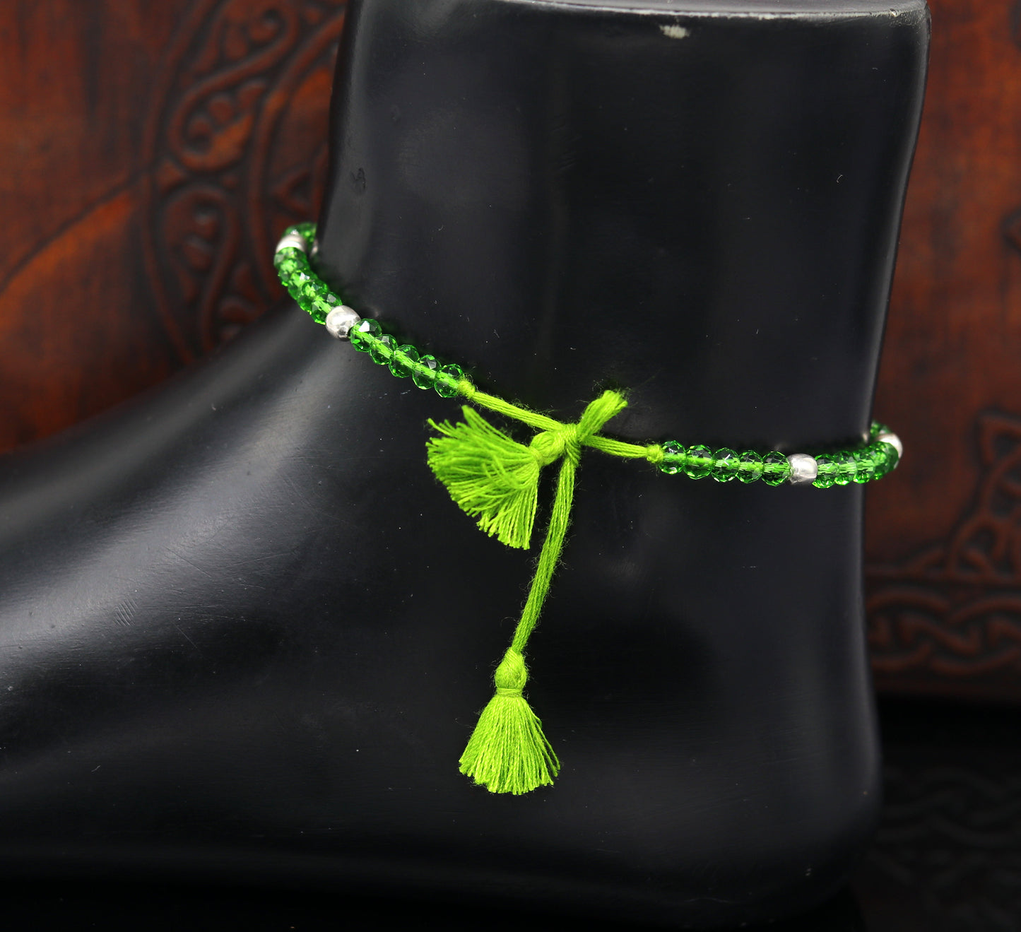 925 sterling silver beads and semi precious green stone thread anklets, custom made ankle bracelet, pretty gift modern beaded jewelry ank248 - TRIBAL ORNAMENTS