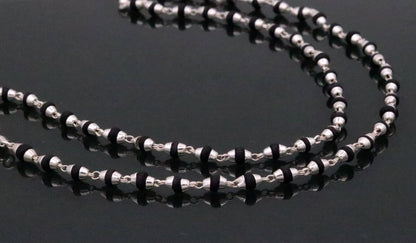 925 Sterling Silver Black Basil Rosary Beads Necklace with wooden beads, 20 inches, unisex Tulsi mala for meditation by Tribal Ornaments