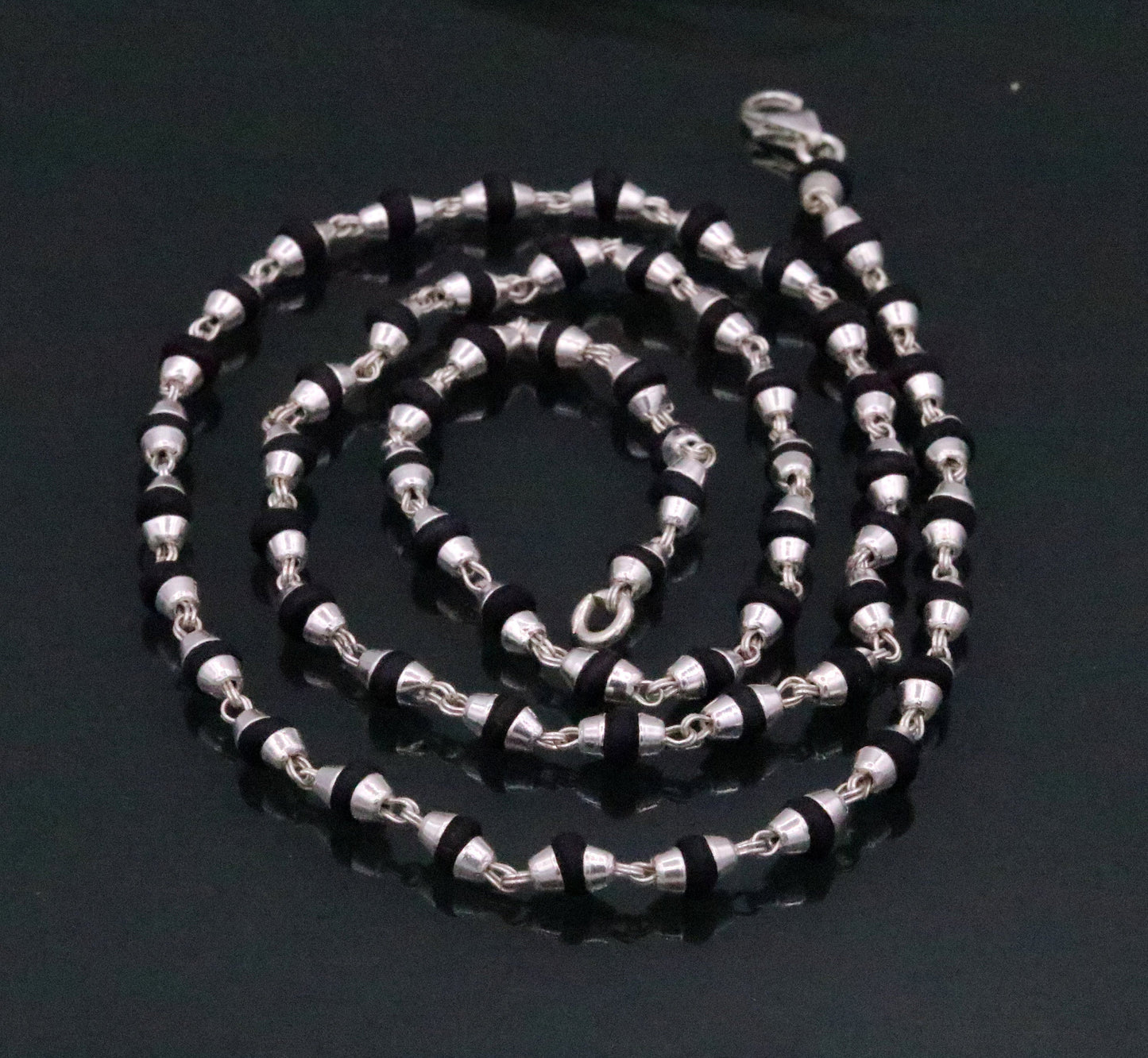 925 Sterling Silver Black Basil Rosary Beads Necklace with wood beads, 20 inches, unisex Tulsi mala for meditation by TRIBAL ORNAMENTS