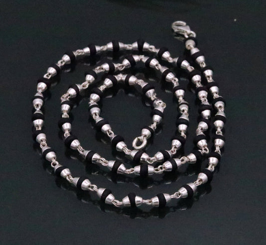Sterling silver black basil rosary wood beads chain 20 inches necklace for meditation excellent unisex tulsimala from india ch41 - TRIBAL ORNAMENTS