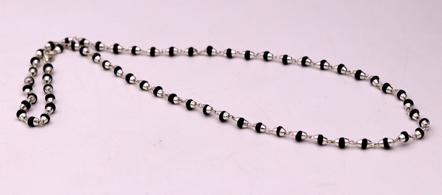 925 Sterling Silver Black Basil Rosary Beads Necklace, 20-inch unisex Tulsi mala with wood beads for meditation, from Tribal Ornaments.