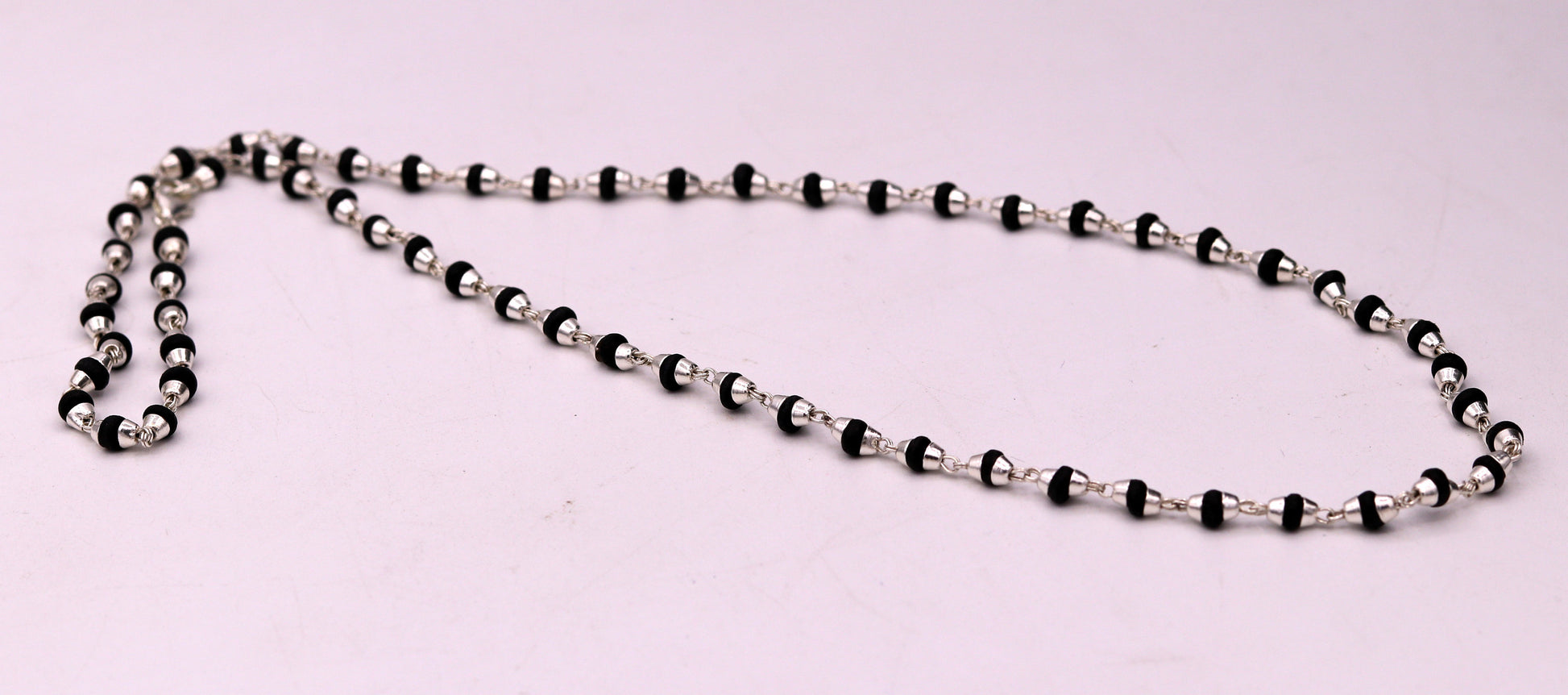 925 Sterling Silver Black Basil Rosary Beads Necklace, 20-inch unisex Tulsi mala with wood beads for meditation, from Tribal Ornaments.