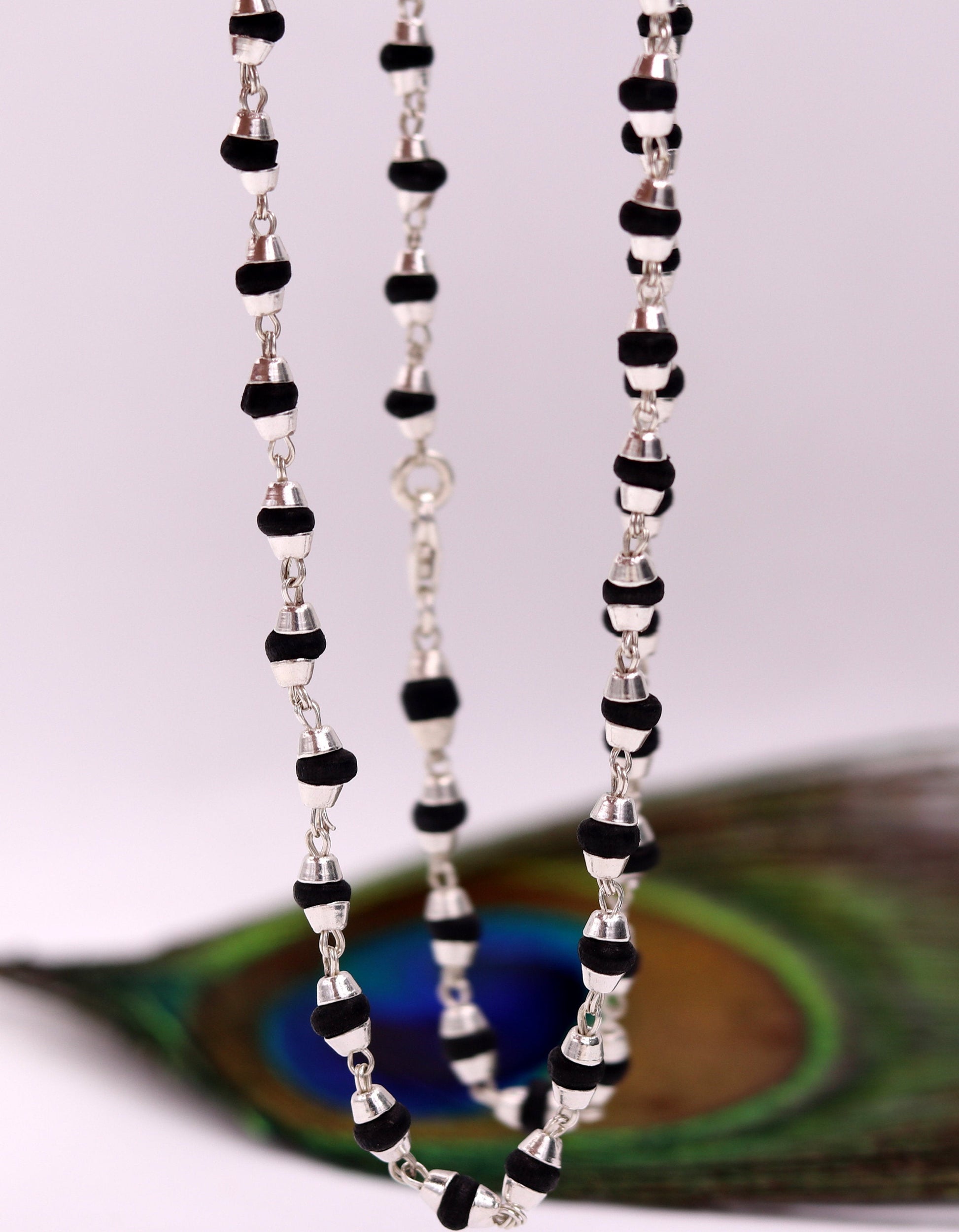 925 Sterling Silver Black Basil Rosary necklace with wood beads, 20 inches, unisex Tulsi mala for meditation by TRIBAL ORNAMENTS.