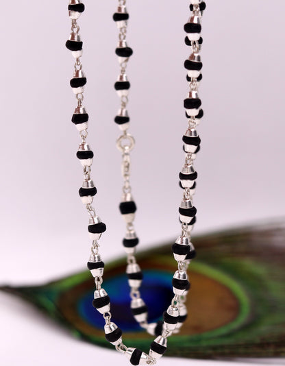 925 Sterling Silver Black Basil Rosary necklace with wood beads, 20 inches, unisex Tulsi mala for meditation by TRIBAL ORNAMENTS.