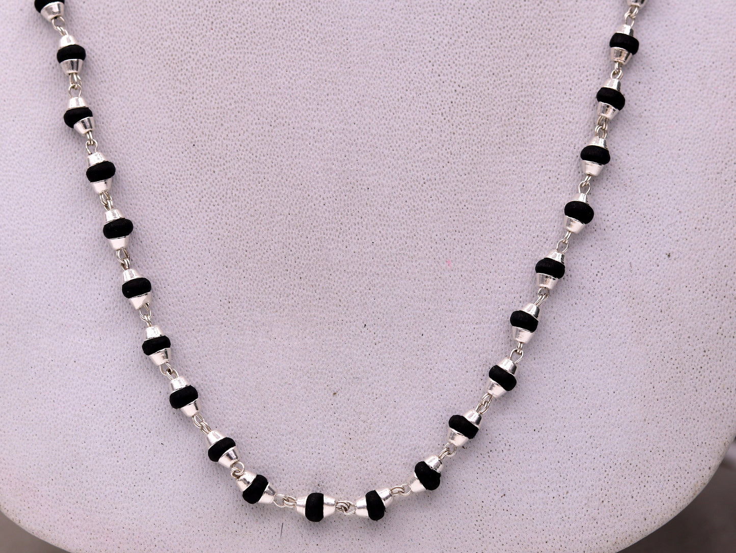 925 Sterling Silver Black Basil Rosary necklace with wood beads, 20-inch unisex Tulsi mala for meditation, from Tribal Ornaments.