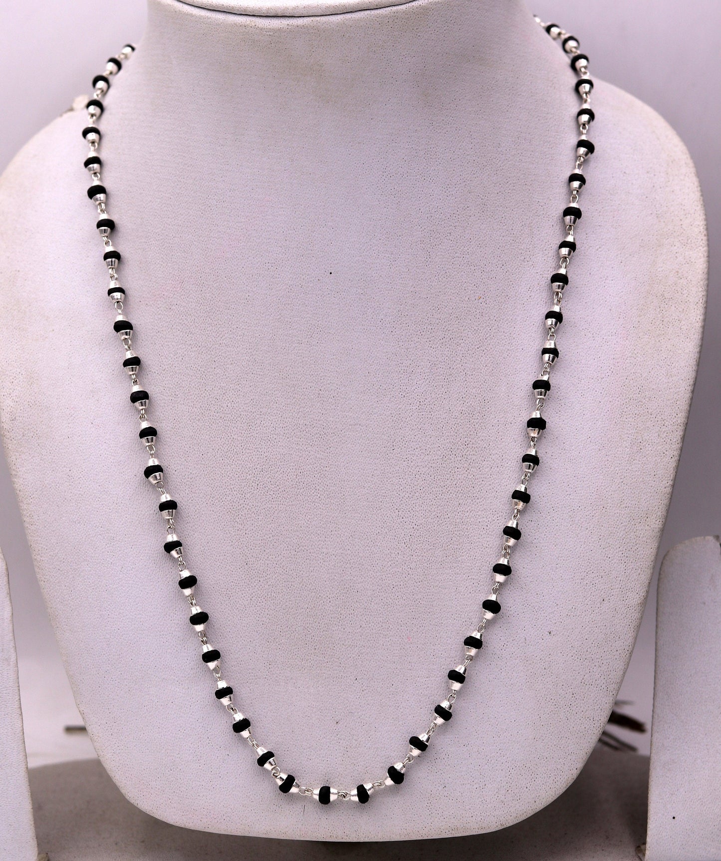 925 Sterling Silver Black Basil Rosary Necklace with wood beads, 20 inches, unisex Tulsi mala for meditation, from TRIBAL ORNAMENTS.