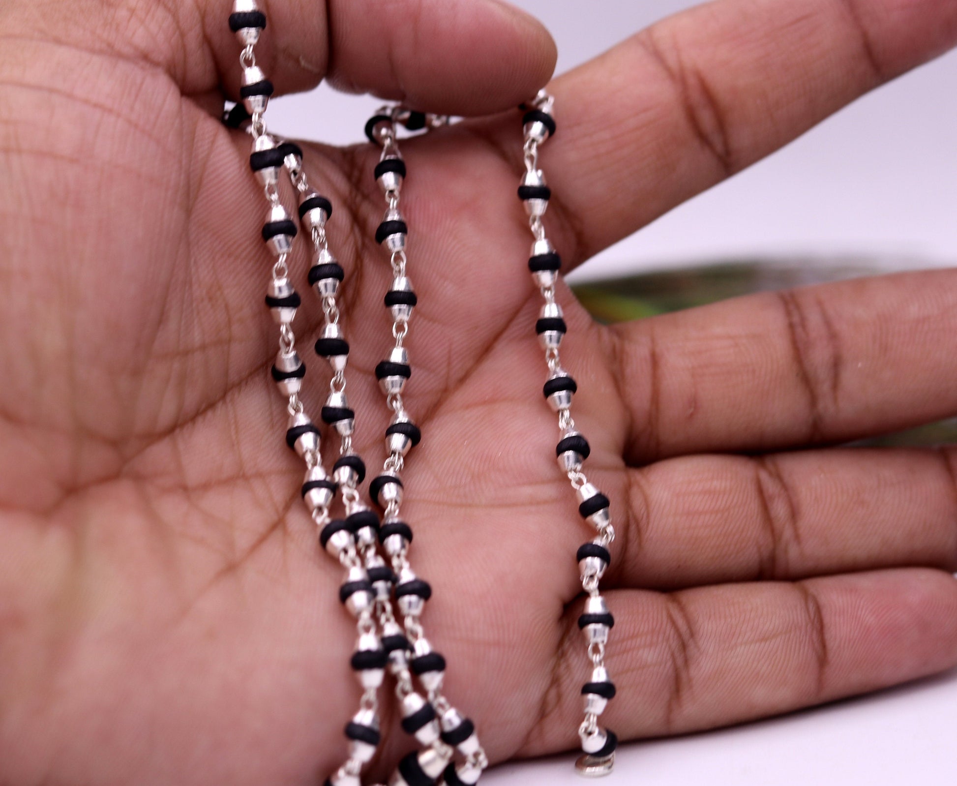 925 Sterling Silver Black Basil Rosary Beads Necklace, 20-inch unisex Tulsi mala with wood beads for meditation.