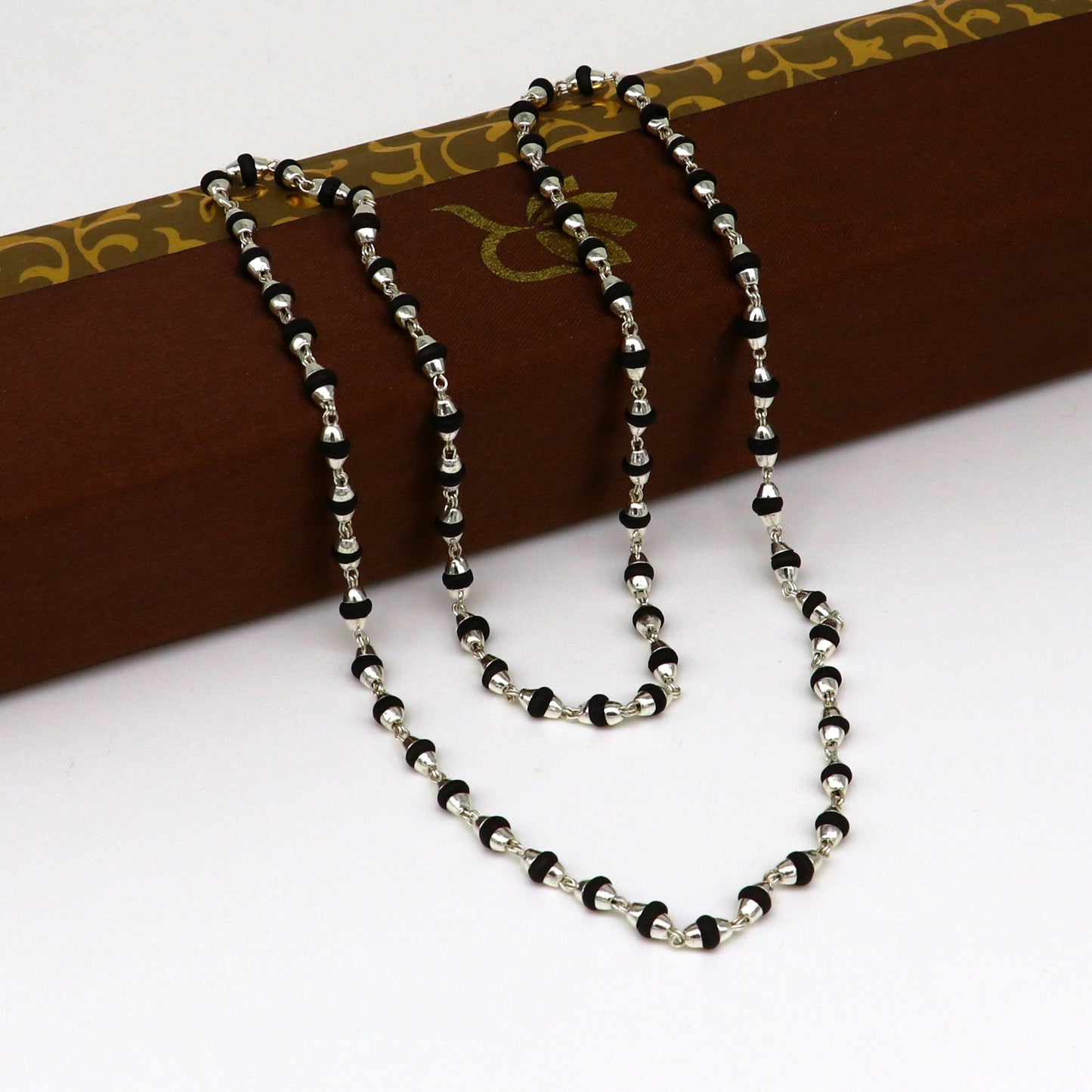 925 sterling silver black basil rosary wooden beads 4mm solid chain necklace, excellent 24" unisex stylish necklace from india ch103 - TRIBAL ORNAMENTS