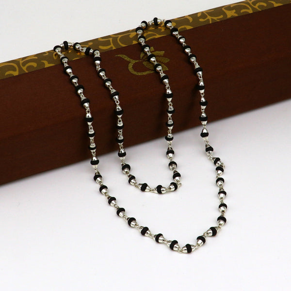 Sterling silver black basil rosary necklace with 4mm wooden beads, 24-inch solid chain, unisex stylish jewelry from India.
