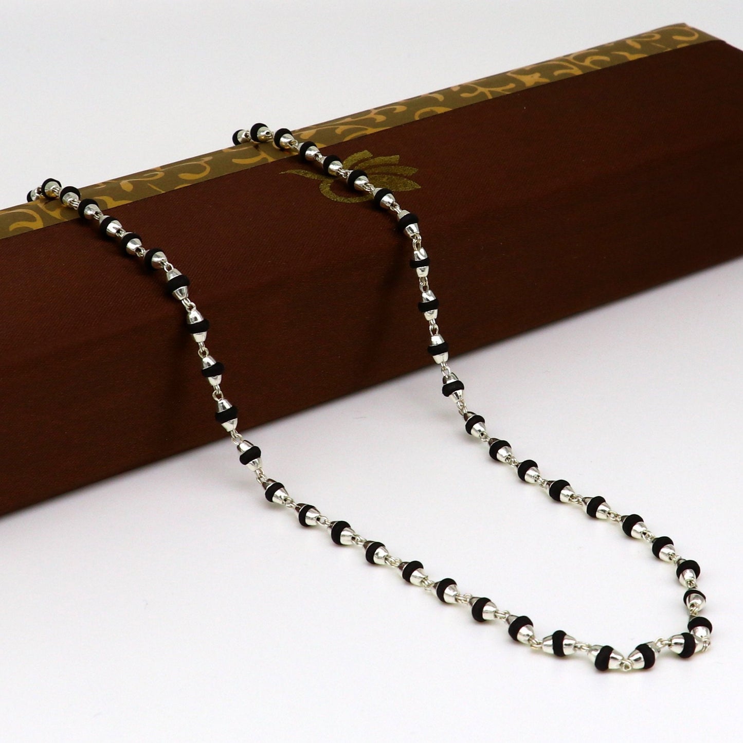 925 sterling silver black basil rosary wooden beads 4mm solid chain necklace, excellent 24" unisex stylish necklace from india ch103 - TRIBAL ORNAMENTS