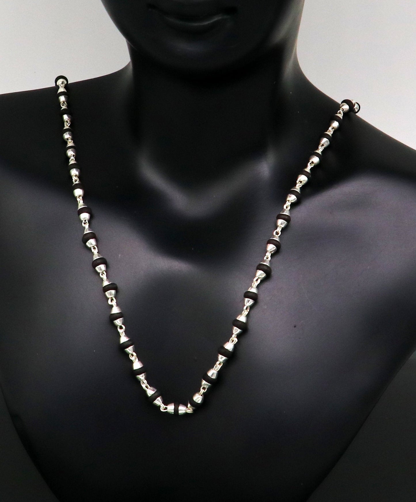 925 sterling silver black basil rosary wooden beads 4mm solid chain necklace, excellent 24" unisex stylish necklace from india ch103 - TRIBAL ORNAMENTS