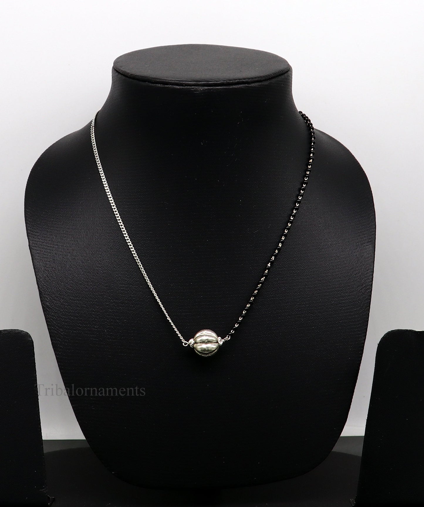 925 sterling silver black beads chain necklace, gorgeous small bead pendant, traditional style chain beaded mangalsutra necklace set231 - TRIBAL ORNAMENTS