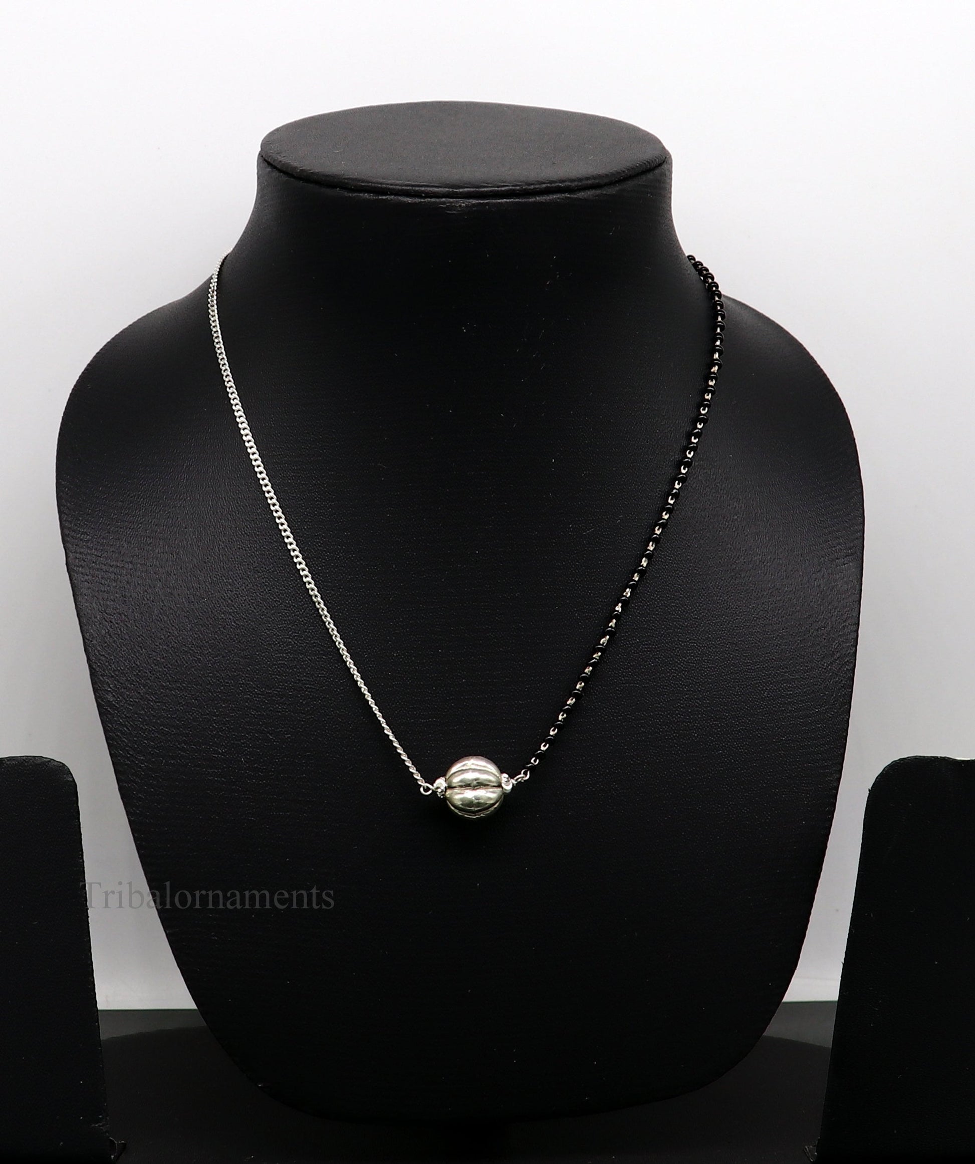 925 sterling silver black beads chain necklace, gorgeous small bead pendant, traditional style chain beaded mangalsutra necklace set231 - TRIBAL ORNAMENTS