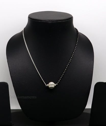 925 sterling silver black beads chain necklace, gorgeous small bead pendant, traditional style chain beaded mangalsutra necklace set231 - TRIBAL ORNAMENTS