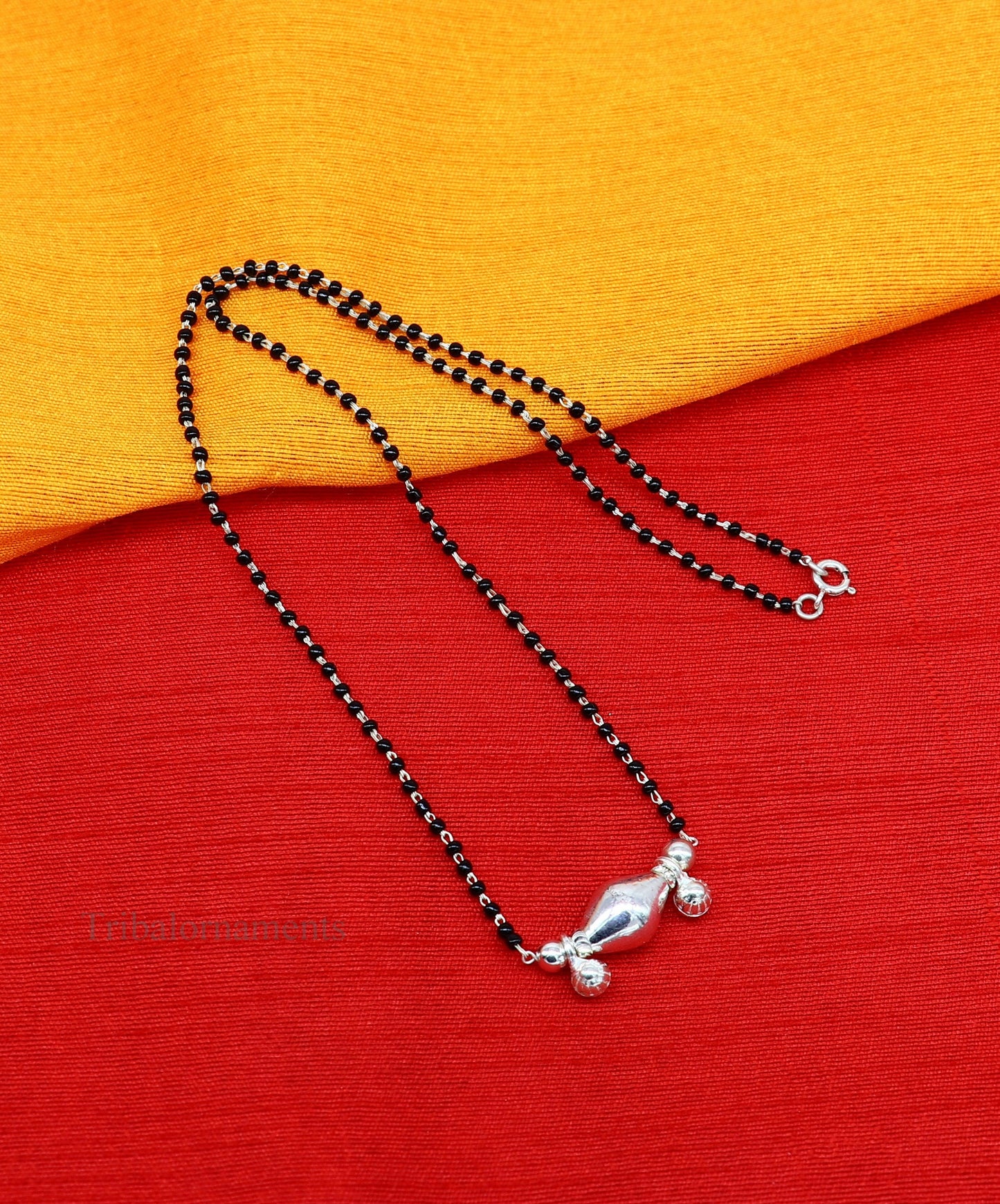 925 sterling silver black beads chain necklace, gorgeous small jingling bells design pendant, traditional style chain beaded necklace set227 - TRIBAL ORNAMENTS