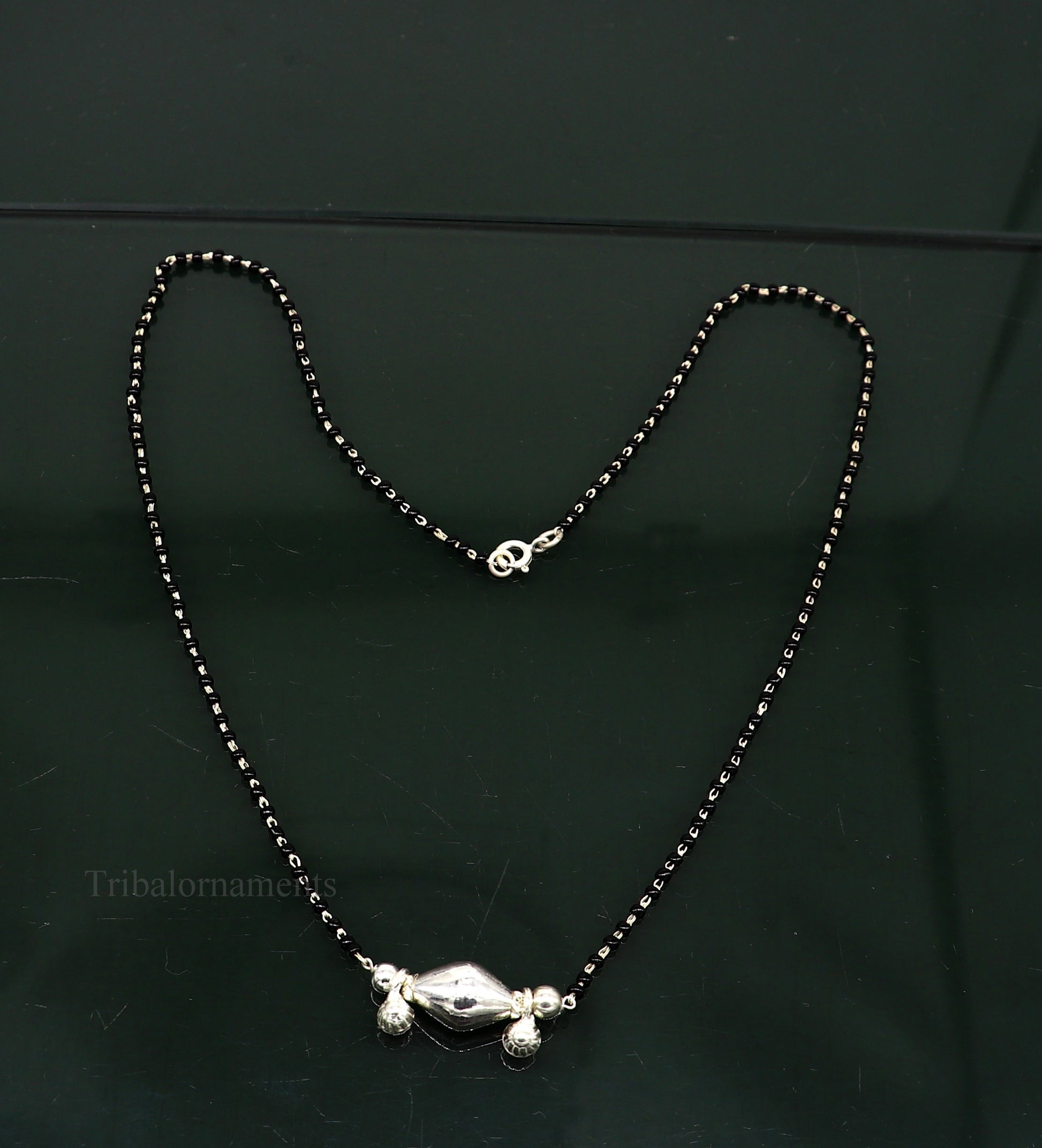 925 sterling silver black beads chain necklace, gorgeous small jingling bells design pendant, traditional style chain beaded necklace set227 - TRIBAL ORNAMENTS