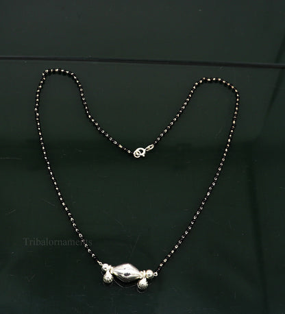925 sterling silver black beads chain necklace, gorgeous small jingling bells design pendant, traditional style chain beaded necklace set227 - TRIBAL ORNAMENTS