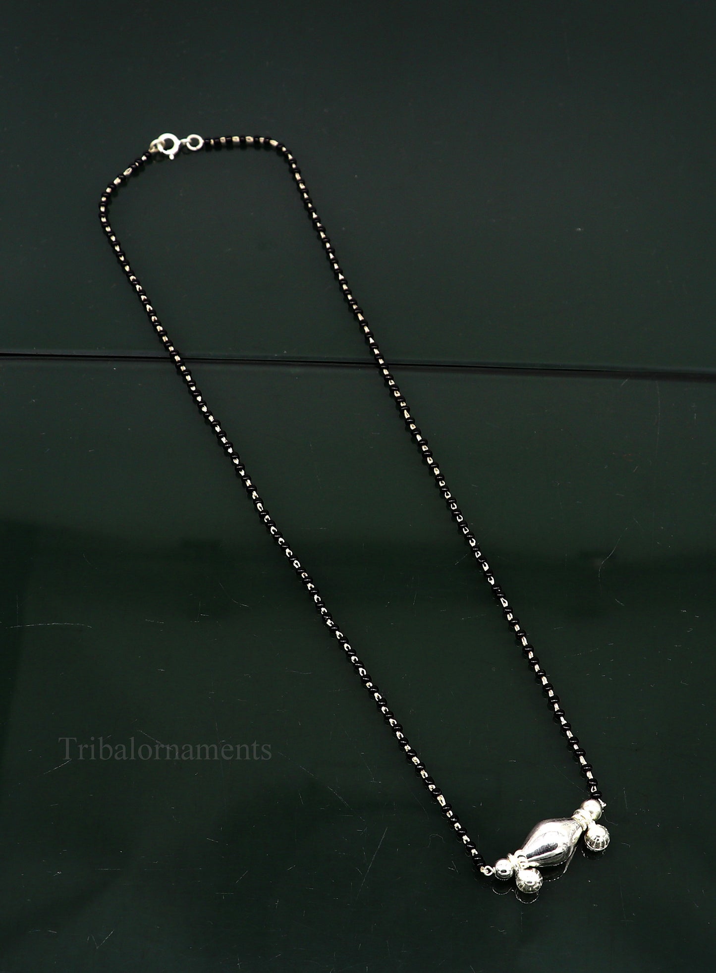 925 sterling silver black beads chain necklace, gorgeous small jingling bells design pendant, traditional style chain beaded necklace set227 - TRIBAL ORNAMENTS