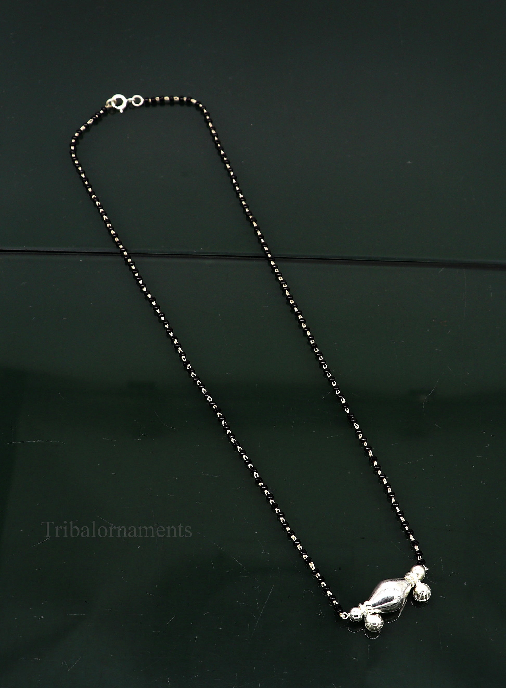 925 sterling silver black beads chain necklace, gorgeous small jingling bells design pendant, traditional style chain beaded necklace set227 - TRIBAL ORNAMENTS