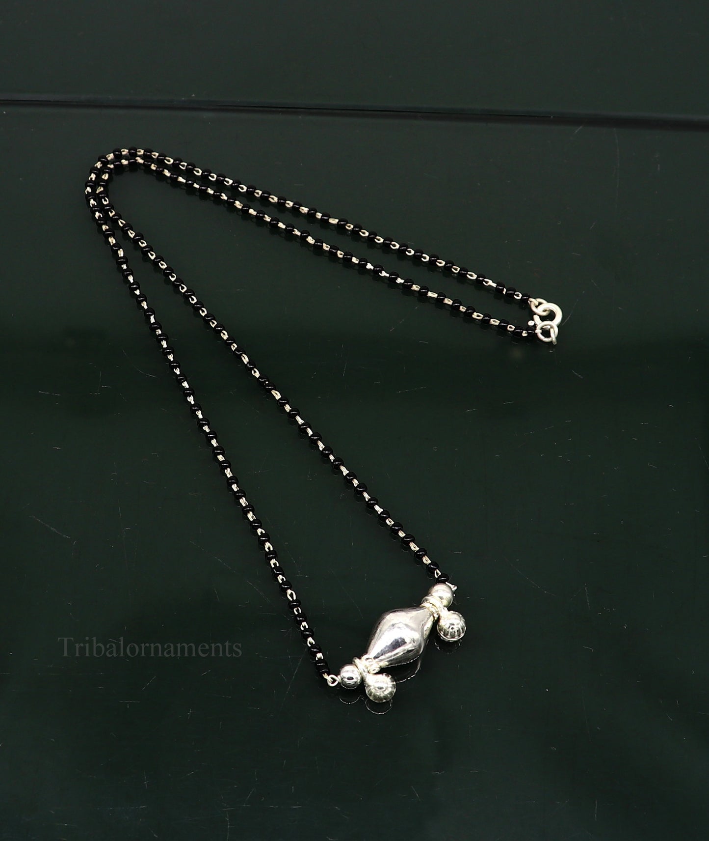 925 sterling silver black beads chain necklace, gorgeous small jingling bells design pendant, traditional style chain beaded necklace set227 - TRIBAL ORNAMENTS