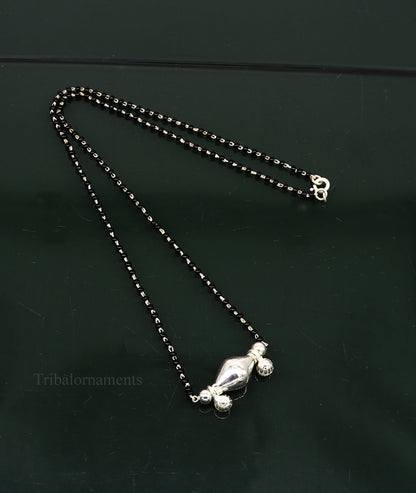 925 sterling silver black beads chain necklace, gorgeous small jingling bells design pendant, traditional style chain beaded necklace set227 - TRIBAL ORNAMENTS
