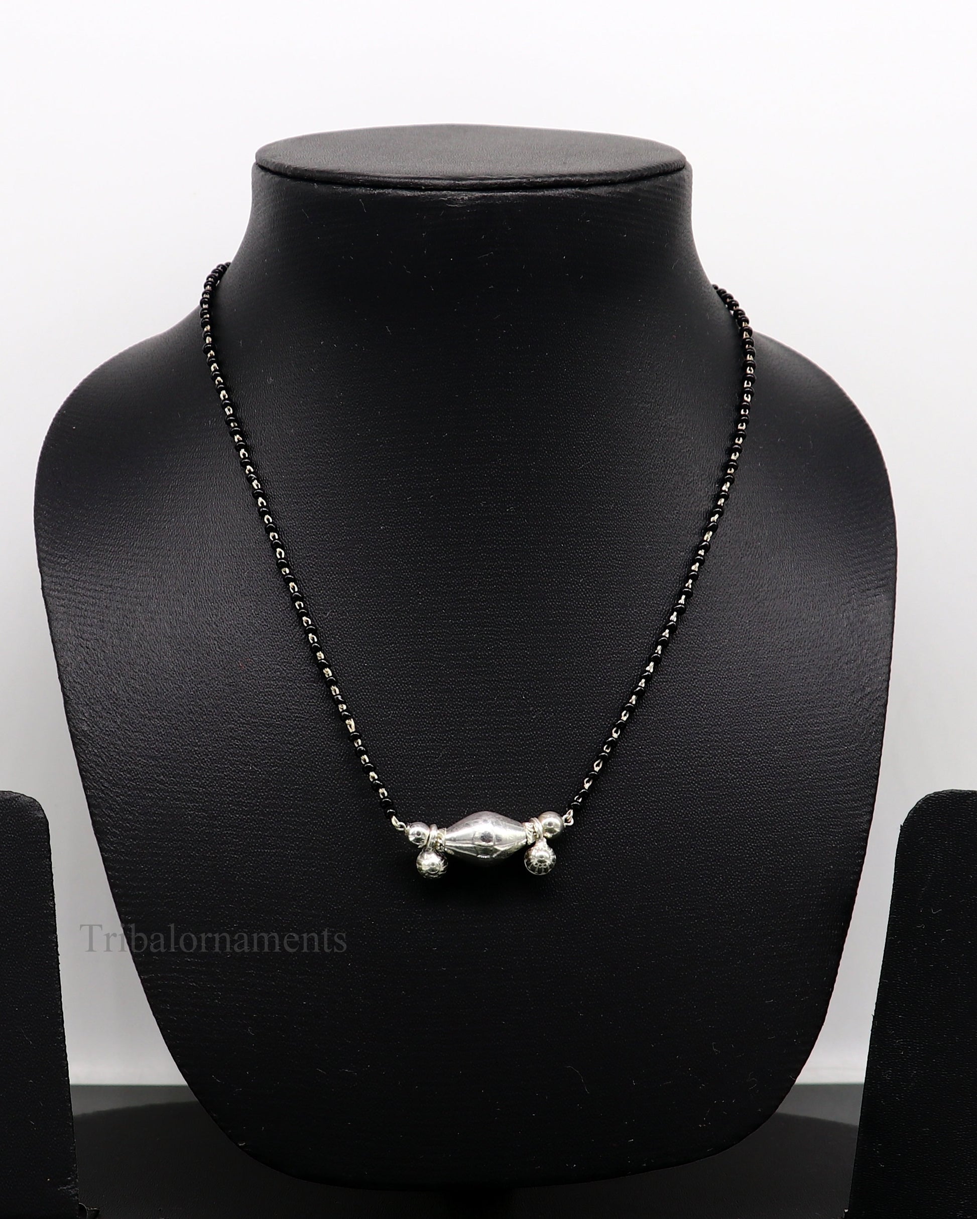 925 sterling silver black beads chain necklace, gorgeous small jingling bells design pendant, traditional style chain beaded necklace set227 - TRIBAL ORNAMENTS
