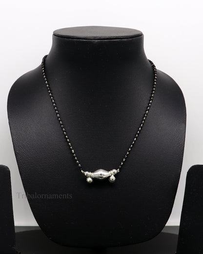 925 sterling silver black beads chain necklace, gorgeous small jingling bells design pendant, traditional style chain beaded necklace set227 - TRIBAL ORNAMENTS