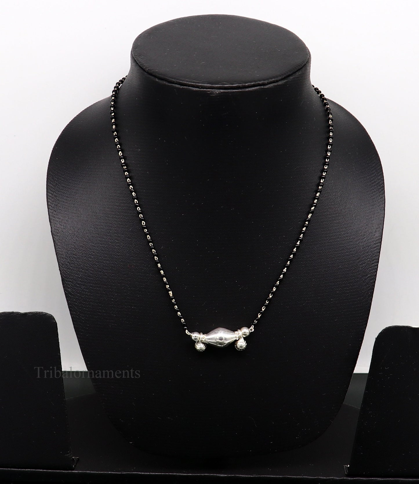 925 sterling silver black beads chain necklace, gorgeous small jingling bells design pendant, traditional style chain beaded necklace set227 - TRIBAL ORNAMENTS