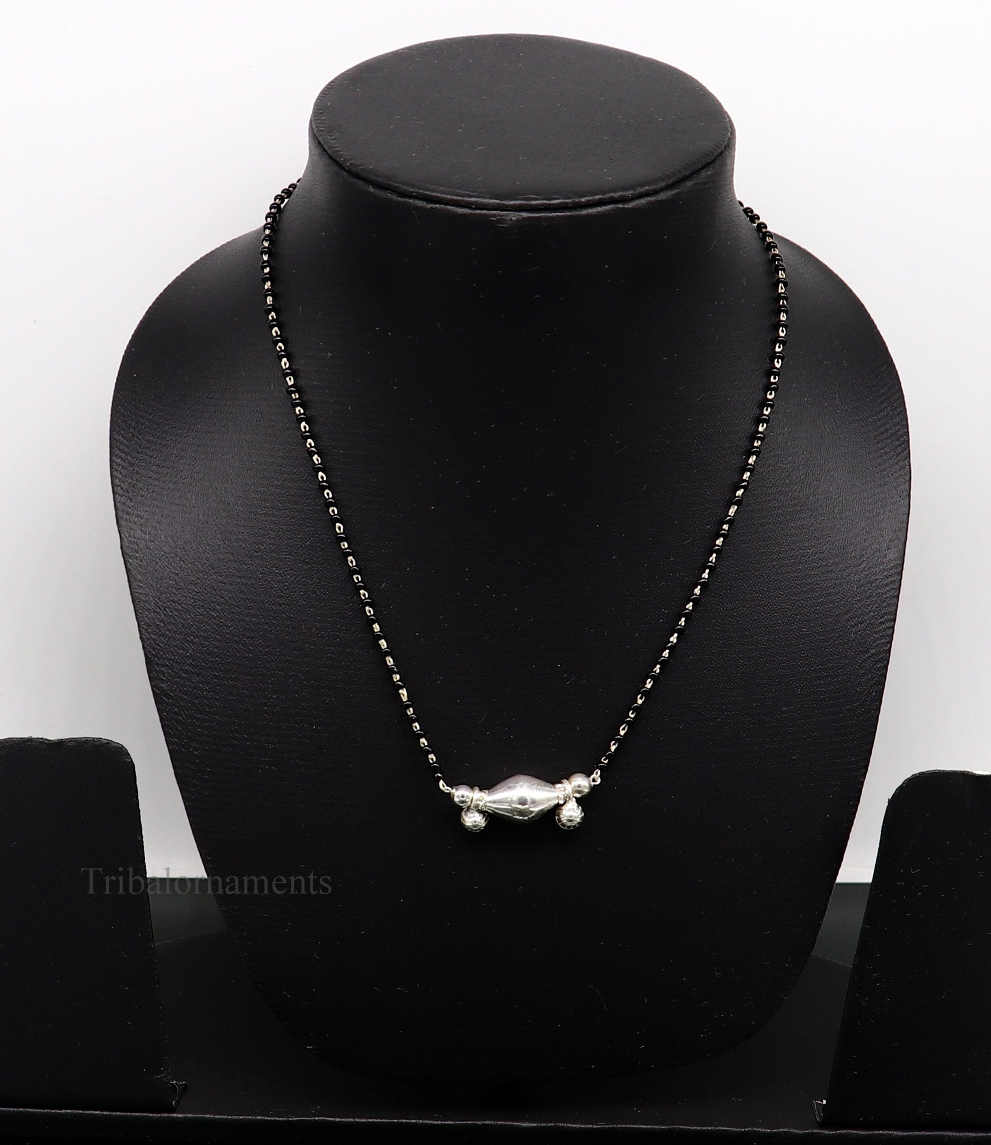 925 sterling silver black beads chain necklace, gorgeous small jingling bells design pendant, traditional style chain beaded necklace set227 - TRIBAL ORNAMENTS