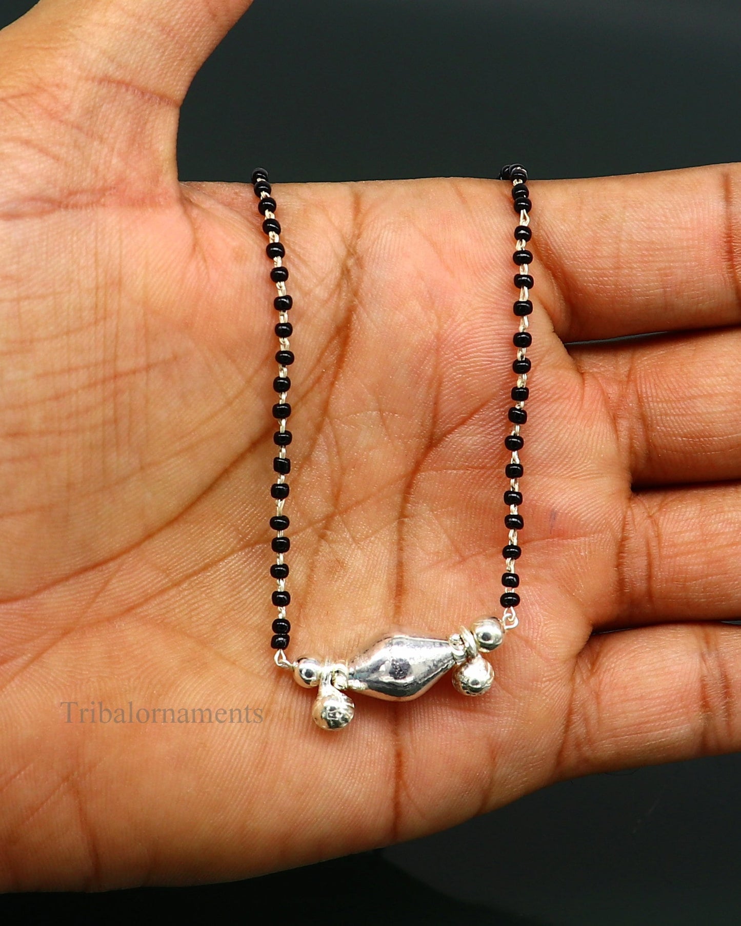 925 sterling silver black beads chain necklace, gorgeous small jingling bells design pendant, traditional style chain beaded necklace set227 - TRIBAL ORNAMENTS