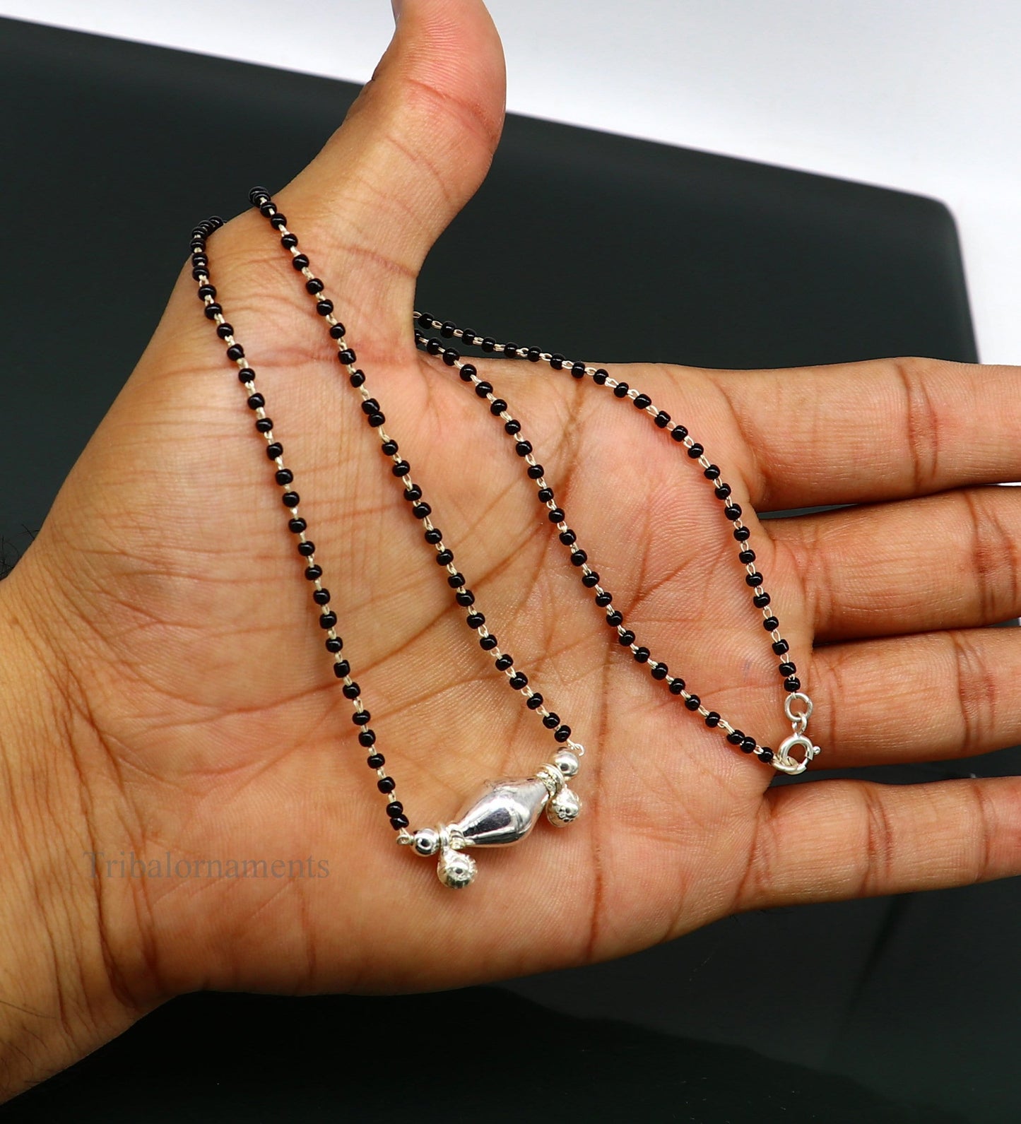 925 sterling silver black beads chain necklace, gorgeous small jingling bells design pendant, traditional style chain beaded necklace set227 - TRIBAL ORNAMENTS