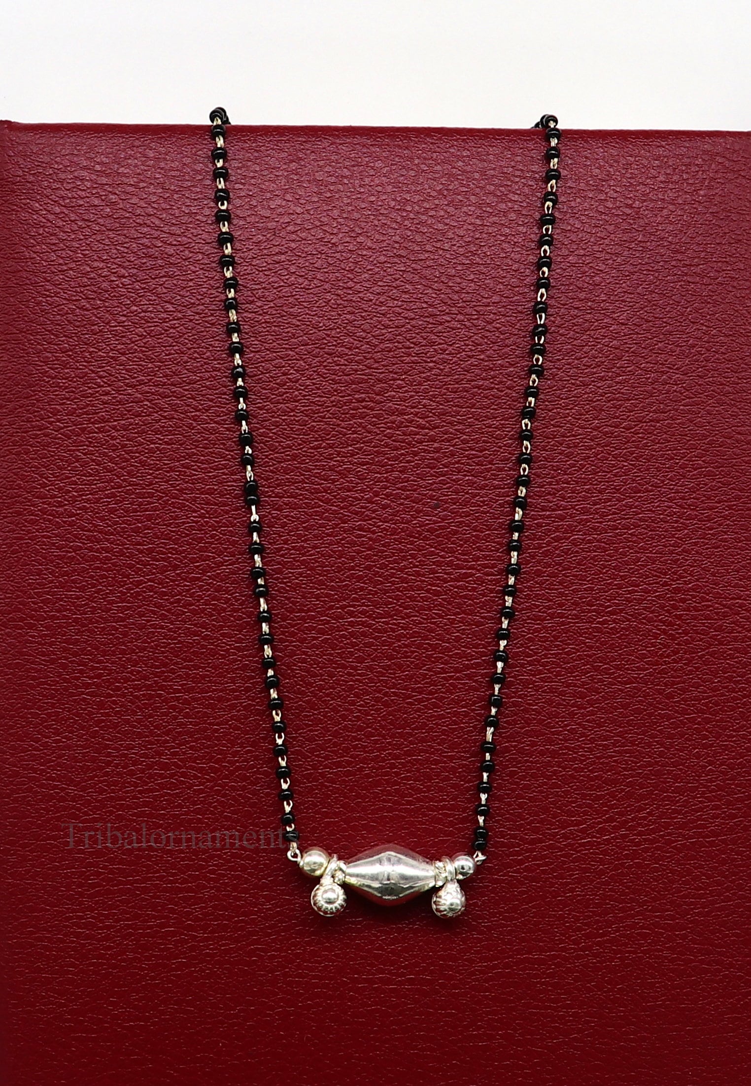 925 sterling silver black beads chain necklace, gorgeous small jingling bells design pendant, traditional style chain beaded necklace set227 - TRIBAL ORNAMENTS