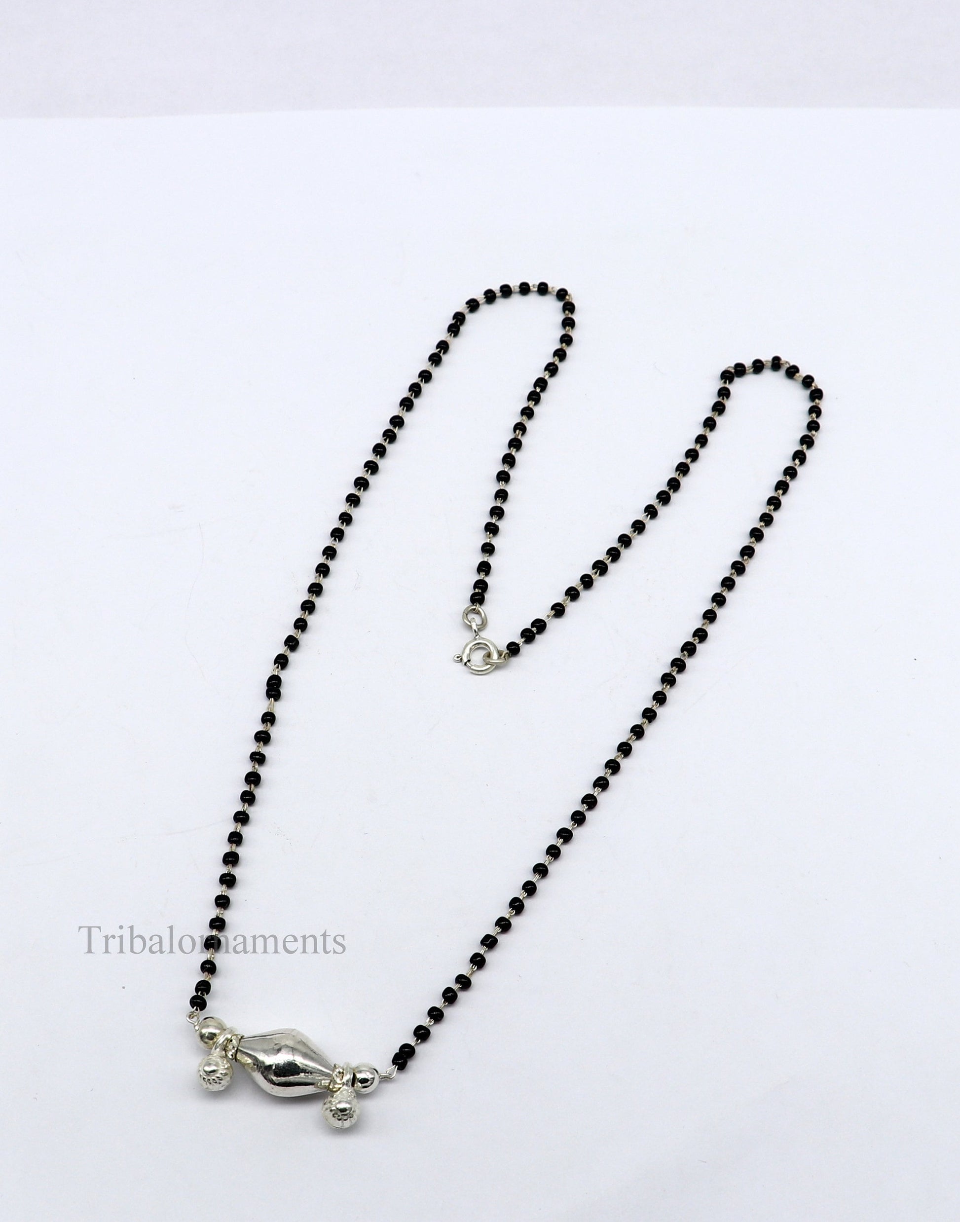 925 sterling silver black beads chain necklace, gorgeous small jingling bells design pendant, traditional style chain beaded necklace set227 - TRIBAL ORNAMENTS