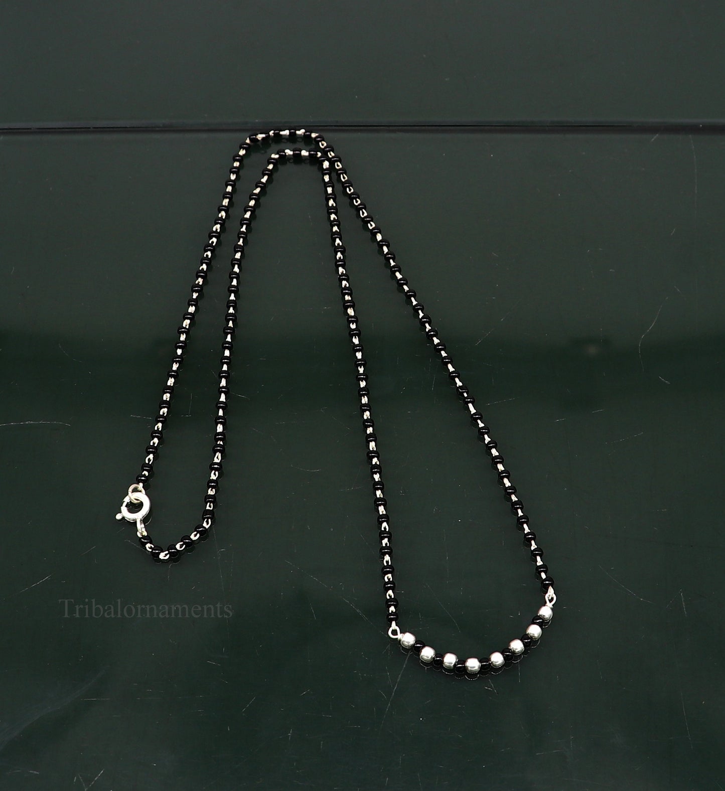 925 sterling silver black beads chain necklace, gorgeous small jingling bells design pendant, traditional style chain beaded necklace set228 - TRIBAL ORNAMENTS