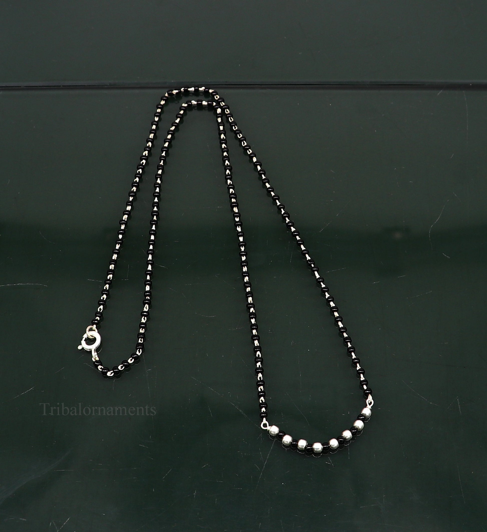 925 sterling silver black beads chain necklace, gorgeous small jingling bells design pendant, traditional style chain beaded necklace set228 - TRIBAL ORNAMENTS