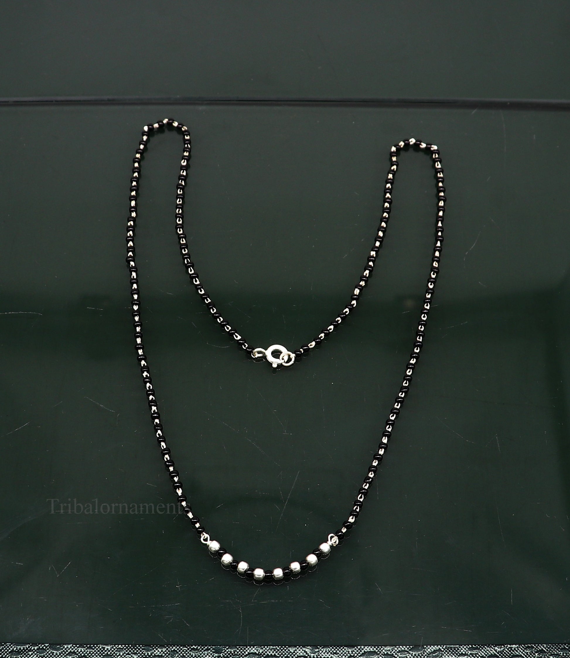 925 sterling silver black beads chain necklace, gorgeous small jingling bells design pendant, traditional style chain beaded necklace set228 - TRIBAL ORNAMENTS