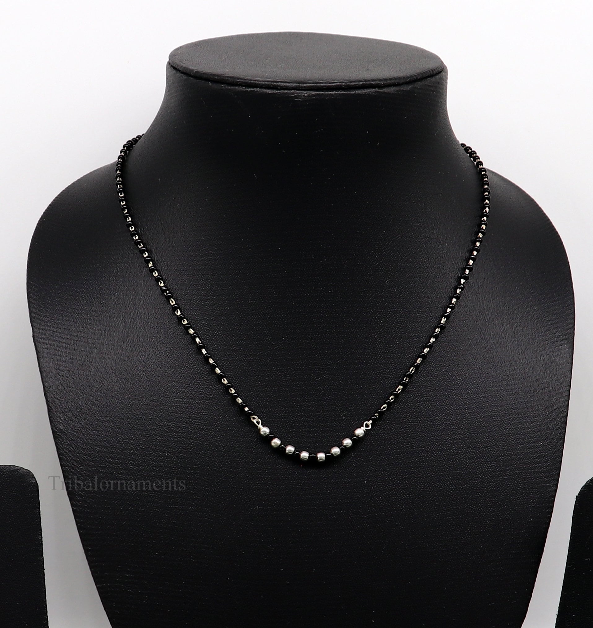 925 sterling silver black beads chain necklace, gorgeous small jingling bells design pendant, traditional style chain beaded necklace set228 - TRIBAL ORNAMENTS